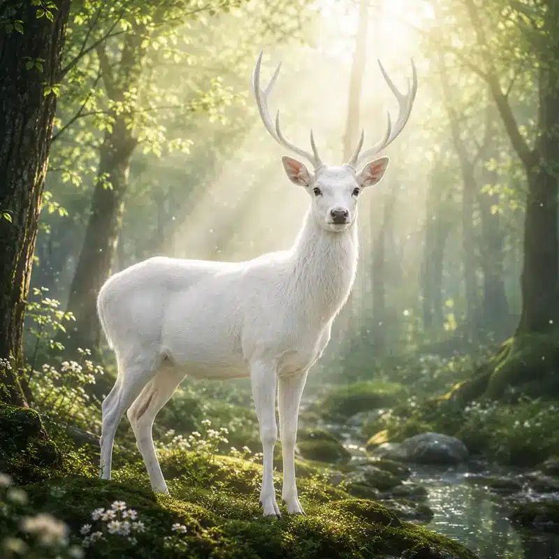 white deer in woodland representing spiritual awakening in dreams