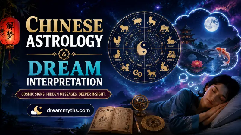 Chinese zodiac wheel and dream scene with a sleeping woman, moonlit pagoda, koi, and lotus