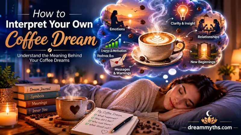 Person journaling beside coffee while reflecting on dream symbols, emotions, people, and meaning