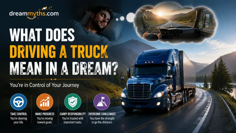 Driving a truck in a dream graphic showing a person dreaming, a semi-truck on a mountain road, and symbols of control, progress, and responsibility