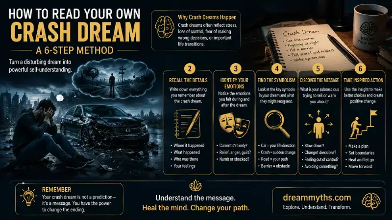 Six-step method for reading a crash dream by recalling details, identifying emotions, exploring symbolism, finding the message, and taking action.