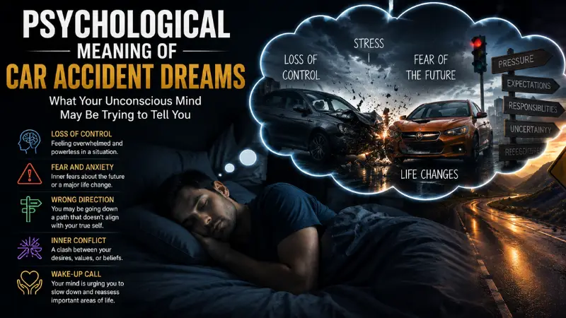 Psychological meaning of car accident dreams showing a damaged car and distressed dreamer, symbolizing stress, fear, emotional conflict, life changes, and loss of control.