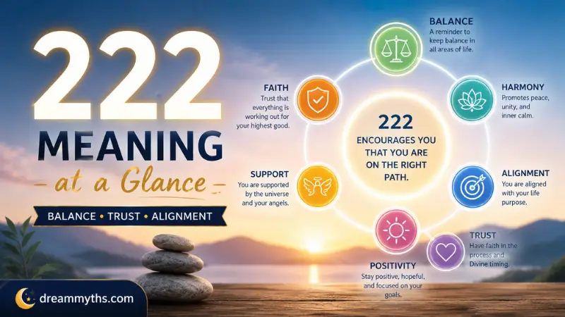 222 meaning at a glance with symbols for balance, harmony, trust, and alignment