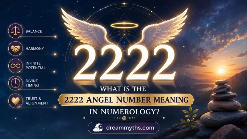 2222 angel number meaning in numerology with glowing numbers, angel wings, and sacred geometry