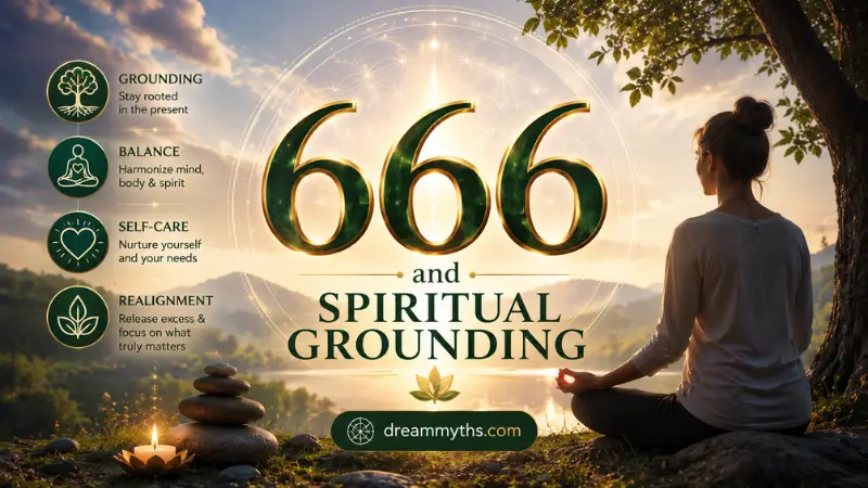 666 and spiritual grounding graphic showing meditation, balance, self-care, and realignment in nature