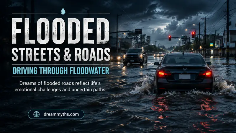 looded street with a car driving through deep water during a storm, illustrating the meaning of dreams about flooded roads and driving through floodwater.