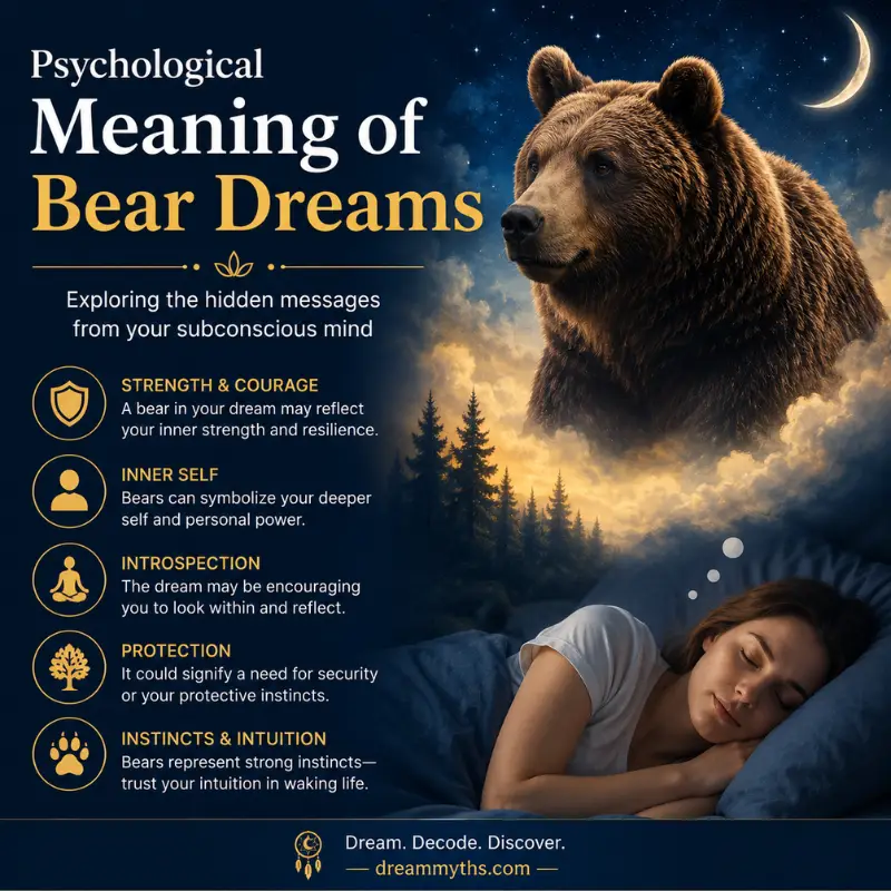 Psychological Meaning of Bear Dreams: a majestic brown bear beneath a starry night sky beside a sleeping woman, illustrating subconscious themes of strength, courage, inner power, introspection, protection, instincts, and intuition, with DreamMyths.com branding.