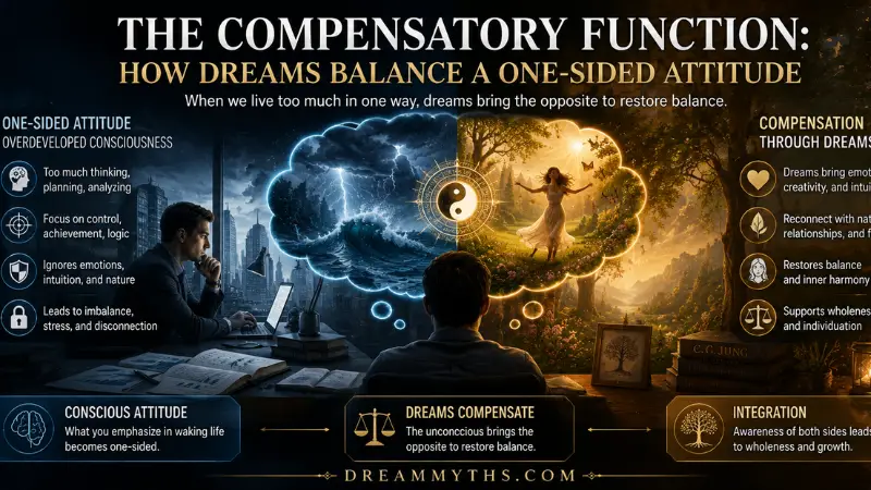 Jungian compensatory function showing how dreams balance a one-sided conscious attitude through emotions, intuition, symbols, and the unconscious mind.