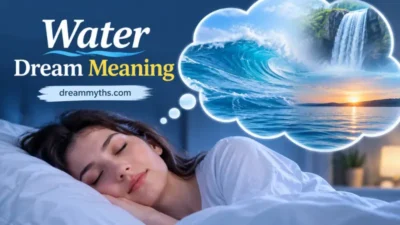 Woman sleeping and dreaming about ocean waves, a waterfall, and sunrise, representing water dream meaning and dream interpretation.