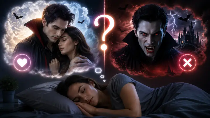 Sleeping woman dreaming of a romantic and frightening vampire, symbolizing the question of whether vampire dreams are good or bad.