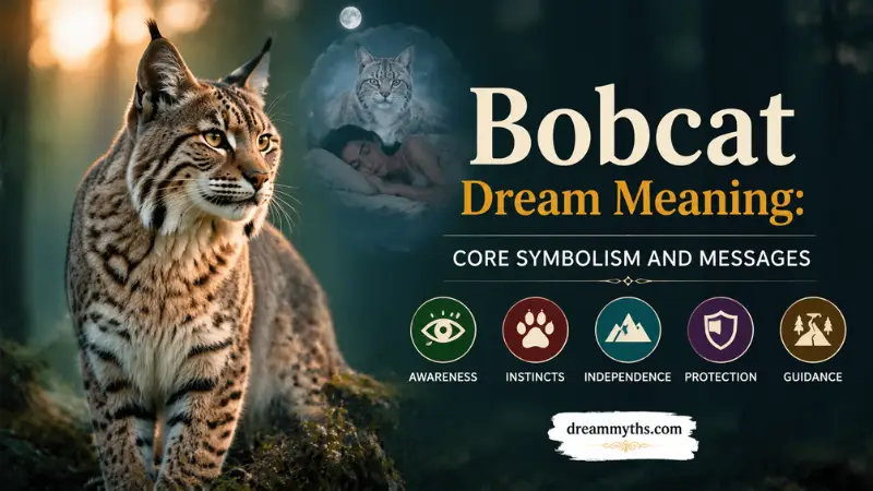Realistic bobcat in a mystical forest showing the core symbolism and messages behind bobcat dream meaning