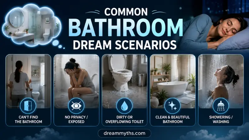 Common bathroom dream scenarios showing privacy concerns, dirty toilets, clean bathrooms, and showering