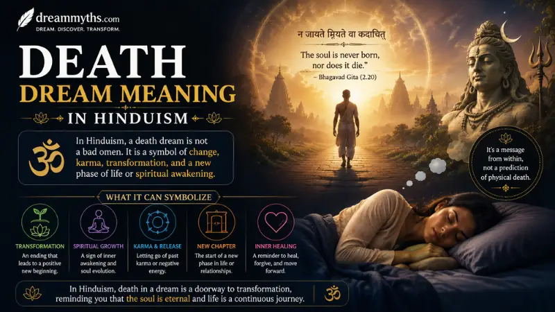 Death dream meaning in Hinduism graphic showing a sleeping woman, Hindu temple imagery, Shiva, and symbols of spiritual transformation