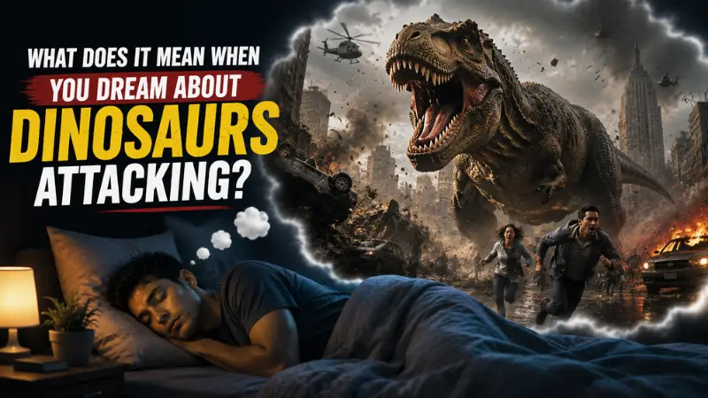 Dinosaur attacking dream with a sleeping person imagining a T. rex destroying a city