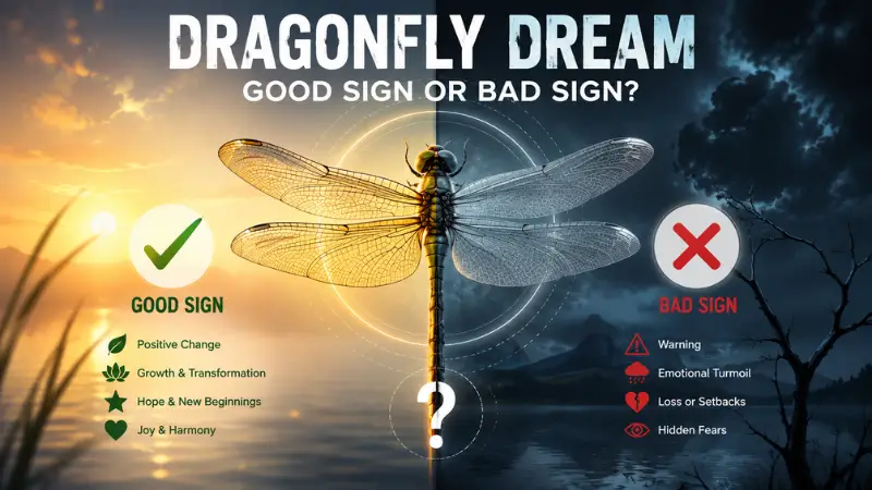 Dragonfly dream symbolism shown between positive signs and warning symbols