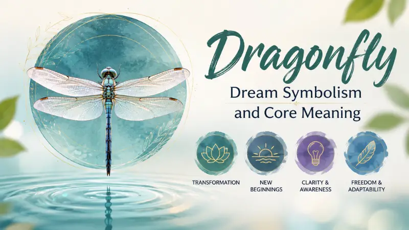 Dragonfly hovering over water with symbols of transformation, clarity, freedom, and new beginnings