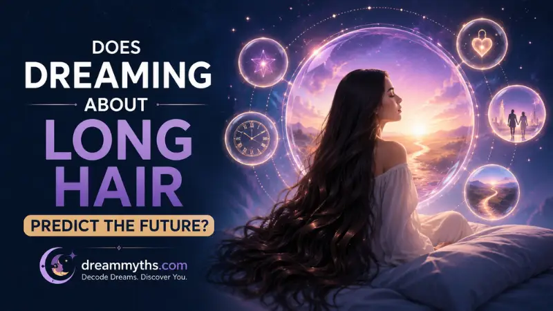 Dream illustration of a woman with long hair facing a glowing future landscape with symbolic dream imagery.