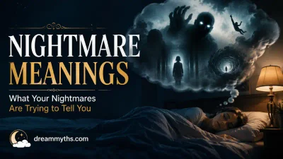 Dreamer sleeping at night with surreal nightmare imagery illustrating common nightmare meanings