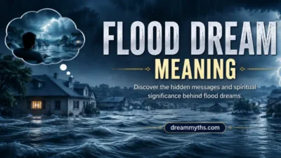 Flood dream meaning illustrated by a flooded neighborhood under dark storm clouds, symbolizing emotional overwhelm and spiritual transformation.