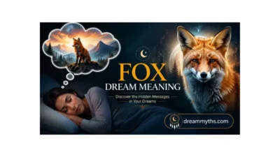 Fox Dream Meaning illustration showing a sleeping person, a symbolic fox, and a dream landscape