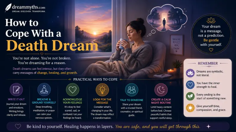 How to cope with a death dream graphic showing a peaceful woman reflecting on a dream with practical coping strategies