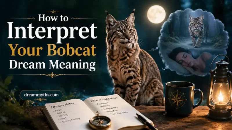 Guide to interpreting bobcat dream meaning with a realistic bobcat, dream journal, and symbolic nighttime setting