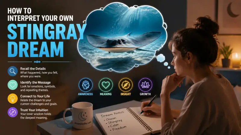 Person journaling while interpreting a stingray dream with ocean imagery and symbols of awareness, meaning, insight, and growth