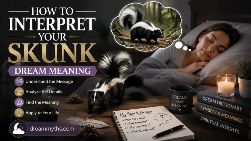 Person sleeping and interpreting a skunk dream meaning with a skunk, dream journal, and symbolism elements