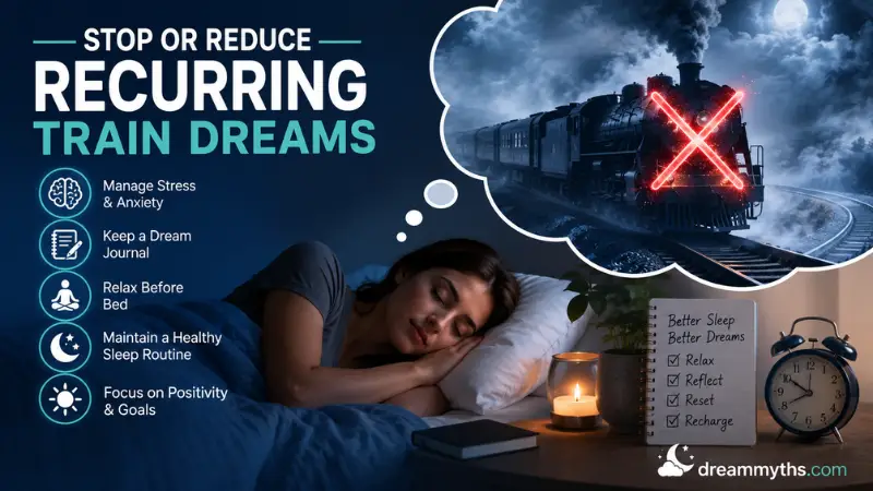 Woman sleeping peacefully with a recurring train dream fading away alongside calming sleep and dream journal reminders