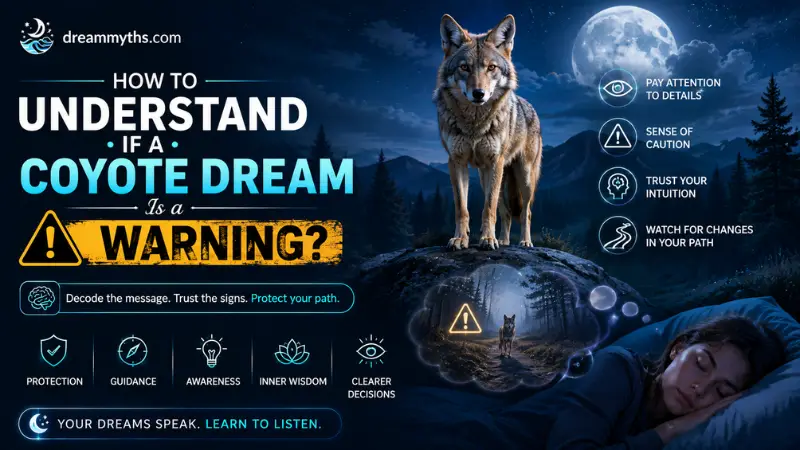 Coyote dream warning meaning shown with a moonlit coyote, sleeping woman, and symbols of intuition, caution, and awareness.