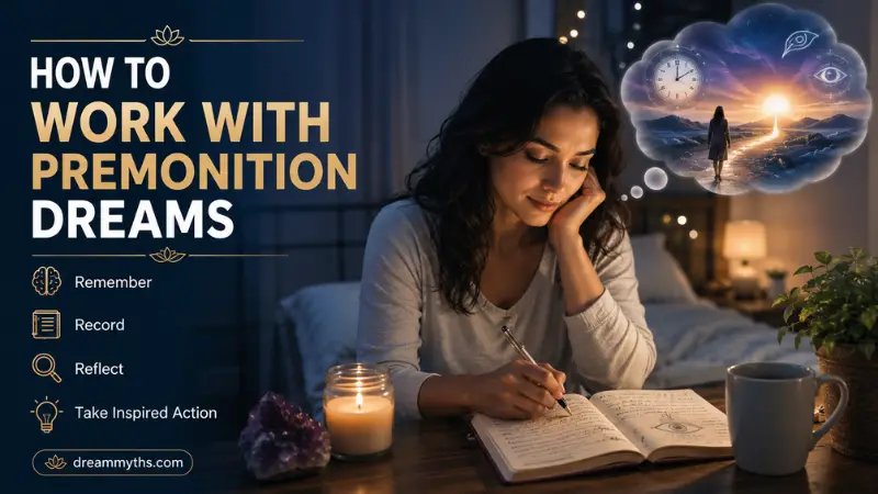 Woman journaling about premonition dreams while reflecting on dream symbols and possible insights
