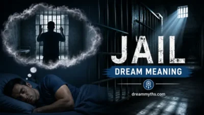 Jail dream meaning with a sleeping person dreaming of prison bars and a dark jail corridor