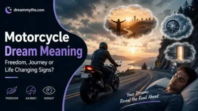 Motorcycle Dream Meaning graphic showing a rider on a scenic road with dream symbols for freedom, journey, and insight