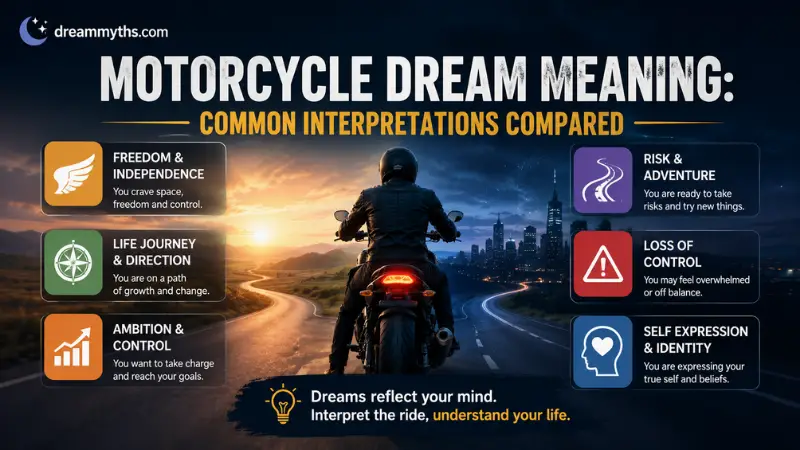 Motorcycle dream meaning graphic comparing freedom, life direction, ambition, risk, loss of control, and self expression