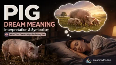 Pig dream meaning with a sleeping woman dreaming of pigs in a peaceful farm setting