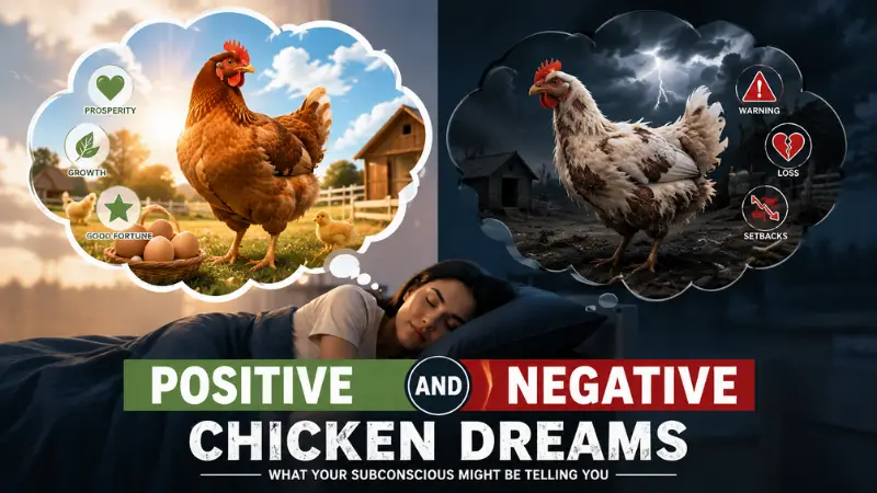 Split-screen chicken dream showing positive and negative symbolism