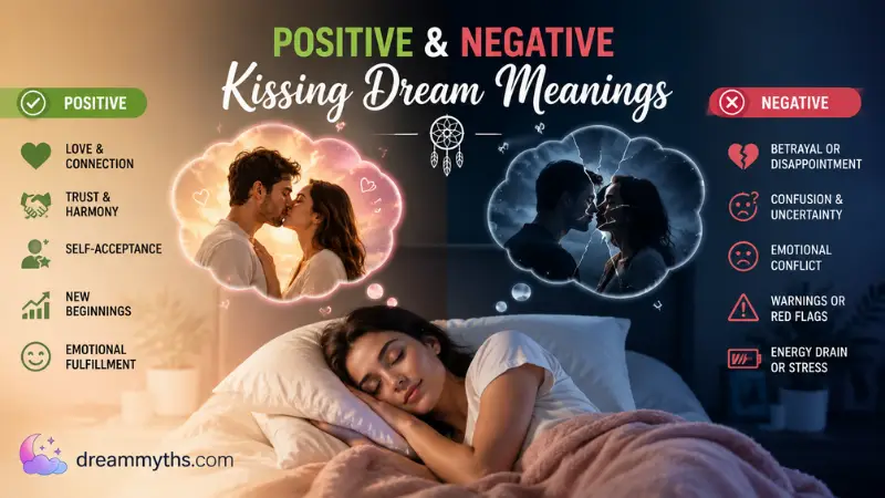 Positive and negative kissing dream meanings shown through contrasting romantic dream scenes