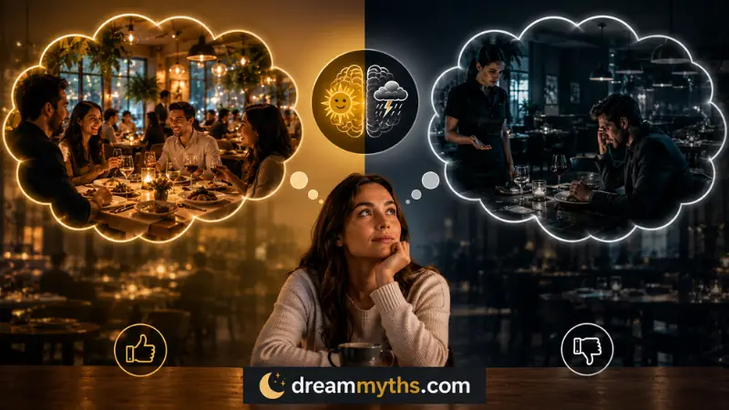 Positive and negative restaurant dreams shown through contrasting happy and tense dining scenes