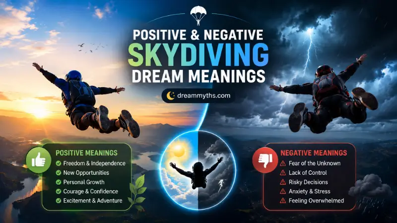 Split-screen skydiving dream scene showing positive themes of freedom and growth alongside negative themes of fear and stress
