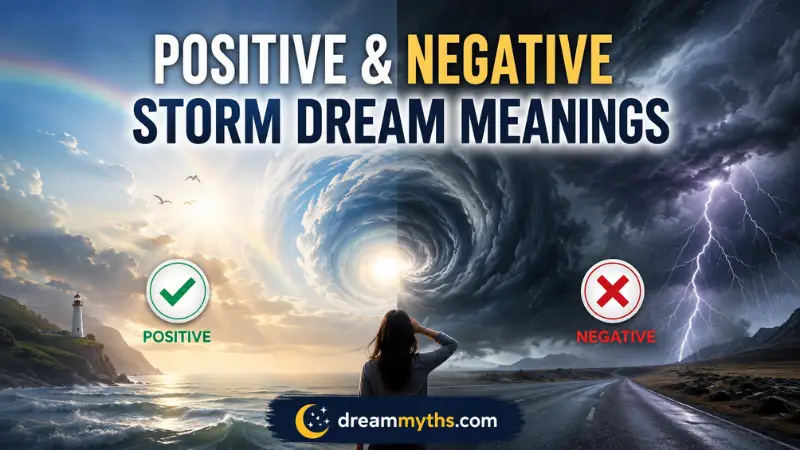 Split-scene storm dream showing positive and negative symbolism with sunlight, clouds, lightning, and a dreamer