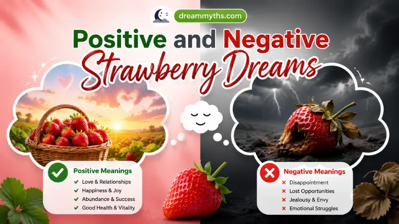 Positive and negative strawberry dreams symbolizing love, happiness, abundance, disappointment, and emotional struggles