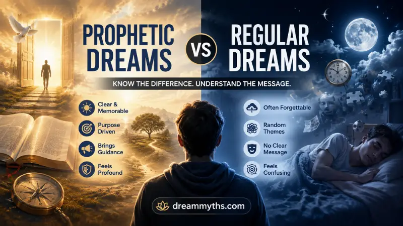 Split-screen graphic comparing prophetic dreams and regular dreams with symbolic imagery