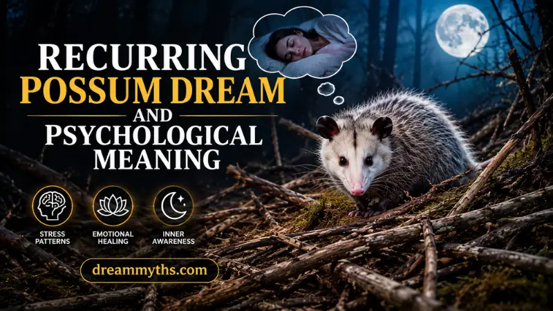 Realistic possum among tangled sticks under a full moon, representing recurring dreams and psychological symbolism.