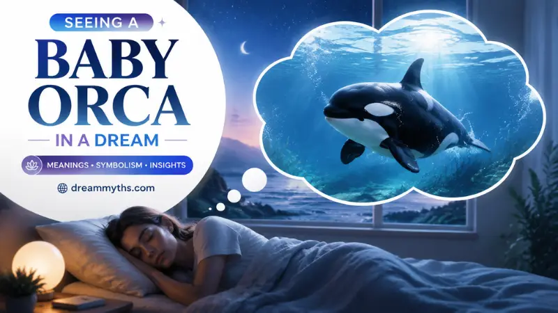 Seeing a Baby Orca in a Dream graphic featuring a young orca, ocean dream scene, and symbolic interpretation