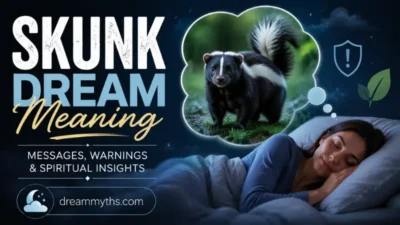 Skunk dream meaning illustration showing a sleeping person dreaming about a skunk and exploring hidden messages and symbolism