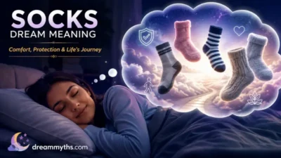 Socks dream meaning graphic showing floating socks in a peaceful dream scene