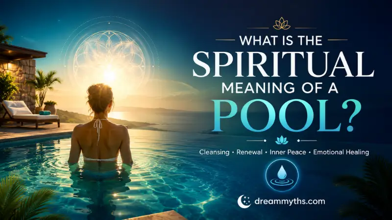 Spiritual meaning of a pool illustrated by a woman in a peaceful pool with glowing water and sacred symbolism