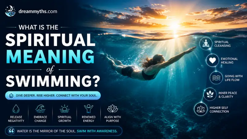 Spiritual meaning of swimming represented by a person swimming toward sunlight, symbolizing healing, renewal, inner peace, and spiritual growth.