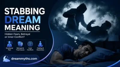Stabbing Dream Meaning showing a sleeping man with a symbolic threatening figure in a dream