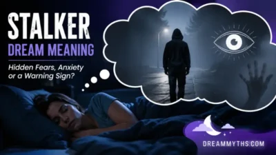 Stalker dream meaning graphic showing a sleeping woman and a shadowy figure in a dream
